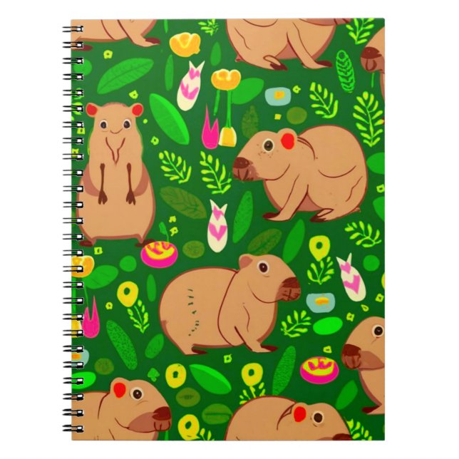 Cuaderno Esbozo de Capibara con flores de primavera en verd (Frente)