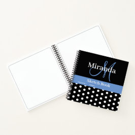 Cuaderno Esbozo de puntos de polka del monograma azul blanc