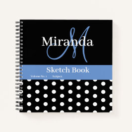 Cuaderno Esbozo de puntos de polka del monograma azul blanc
