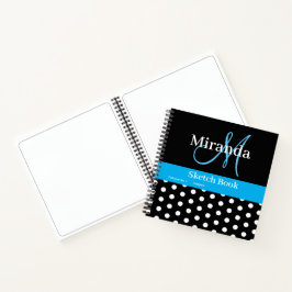 Cuaderno Esbozo de puntos de polka del monograma azul blanc