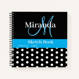 Cuaderno Esbozo de puntos de polka del monograma azul blanc