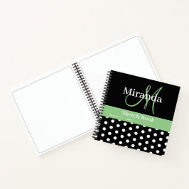 Cuaderno Esbozo de puntos de polka del monograma verde negr
