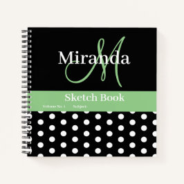 Cuaderno Esbozo de puntos de polka del monograma verde negr