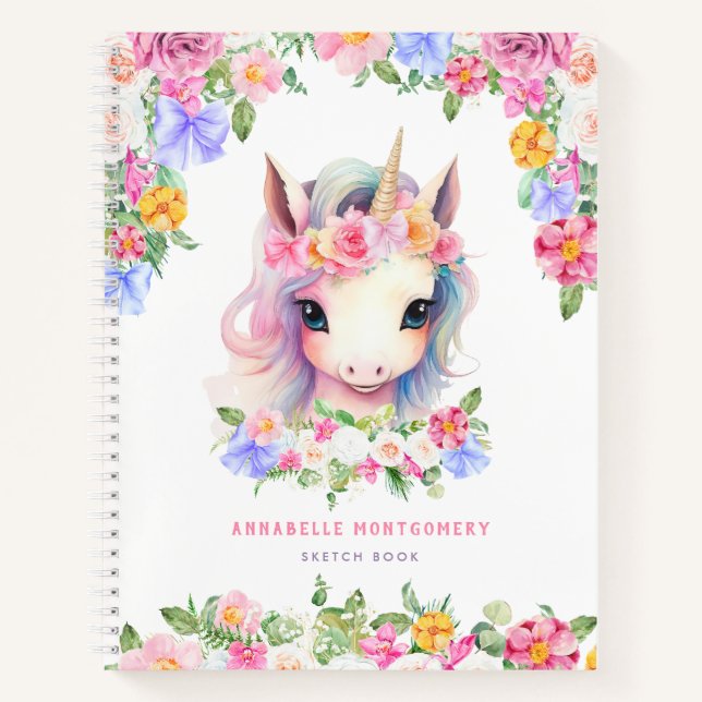 Cuaderno Esbozo Floral Unicornio Cute Girly Nombre Personal (Anverso)