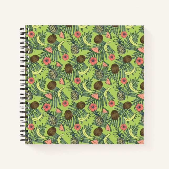 Cuaderno Esbozo tropical de frutas sobre el patrón verde (Anverso)