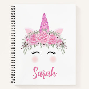 Cuaderno Esbozo unicornio personalizado con nombre rosado