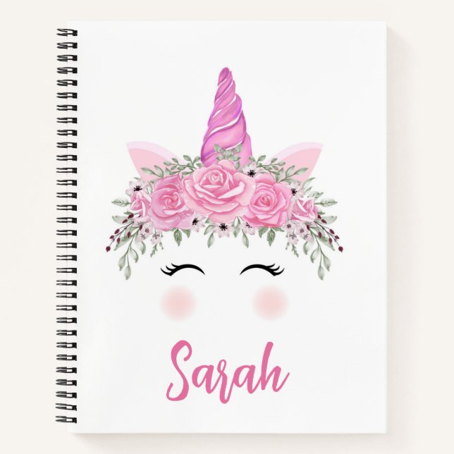 Cuaderno Esbozo unicornio personalizado con nombre rosado (Anverso)