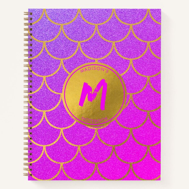Cuaderno Escamas de Sirena Doradas Brillo Rosa Purpura Mono (Anverso)