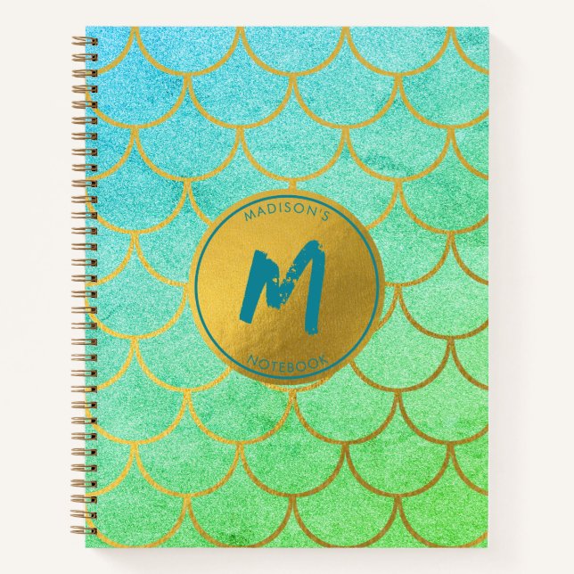 Cuaderno Escamas de Sirena Doradas Brillo Teal Patrón Monog (Anverso)