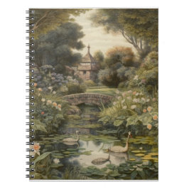 Cuaderno Escena botánica de cisnes en un jardín inglés
