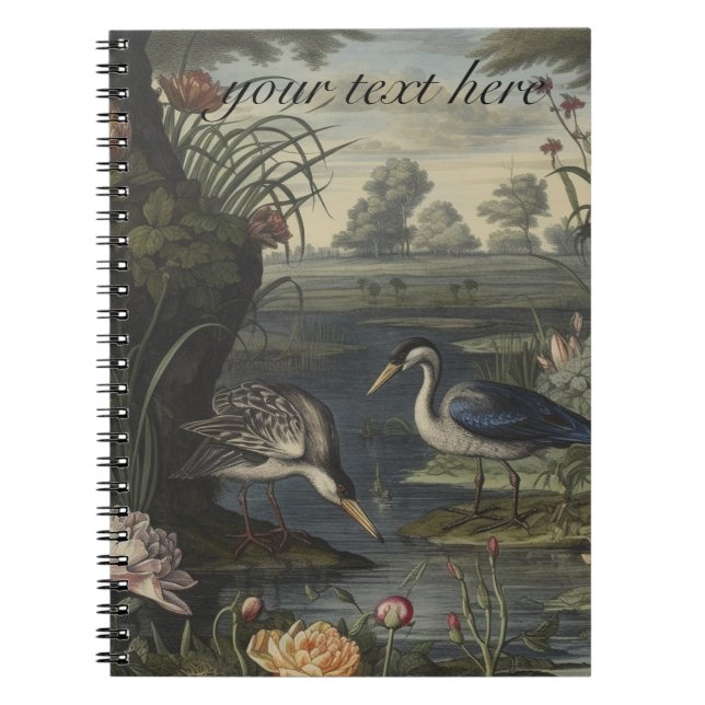 Cuaderno Escena botánica de grúas azules a orillas de un rí (Frente)