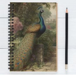 Cuaderno Escena botánica del pavo real en un jardín inglés