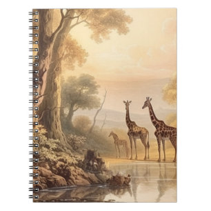 Cuaderno Escena botánica vintage de jirafas a orillas del r