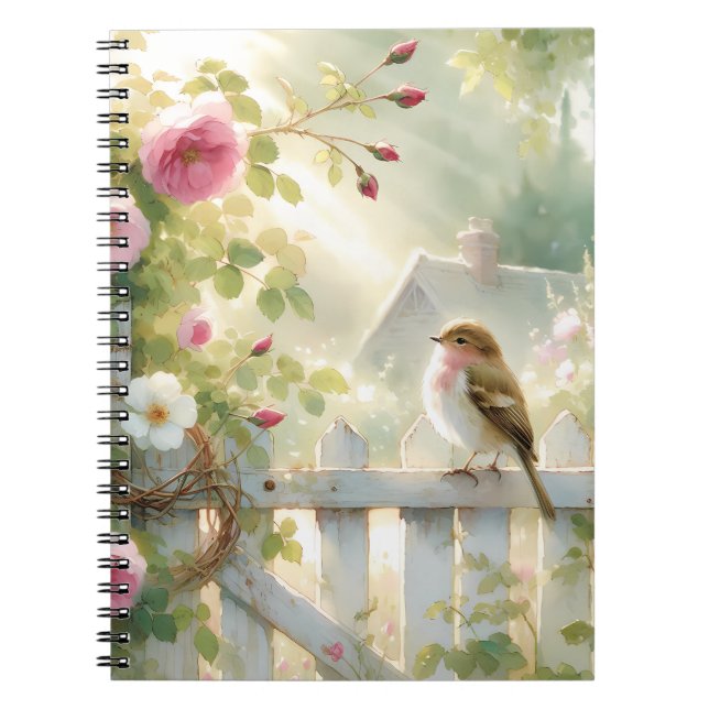 Cuaderno Escena de acuarela de rosa de jardín pájaro (Frente)