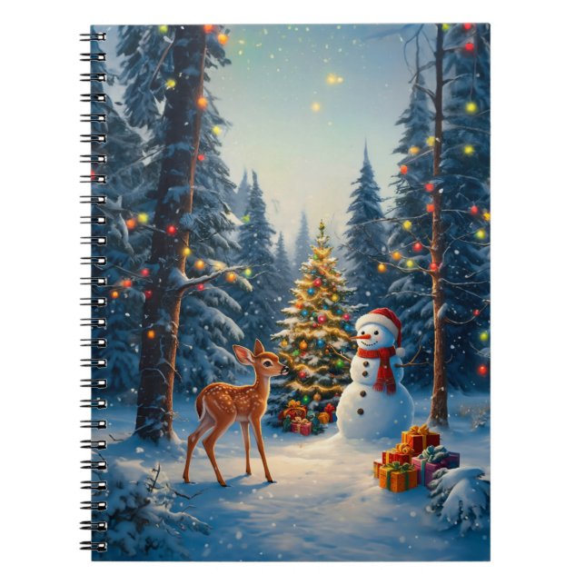 Cuaderno Escena De Árbol De Navidad Cute Deer Fawn Snowman (Frente)