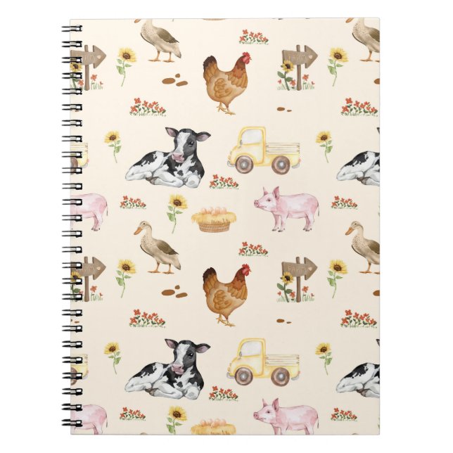 Cuaderno Escena de granja en acuarela con patrón continuo (Frente)