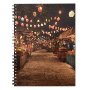 Cuaderno Escena de la calle del mercado nocturno con luz de