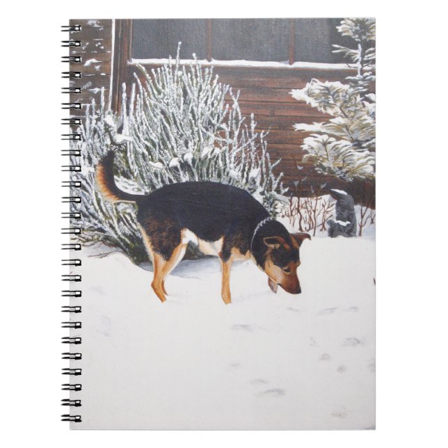 Cuaderno Escena de nieve de invierno con perro negro lindo  (Frente)