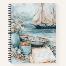 CUADERNO ESCENA DE PLAYA DE ACUARELA AZUL CON VELERO