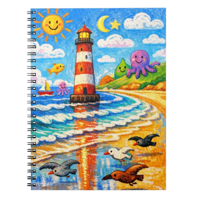 Cuaderno Escena de playa de faro caprichosa con sol sonrien (Frente)