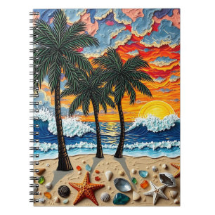 Cuaderno Escena de playa hermosa con palmeras