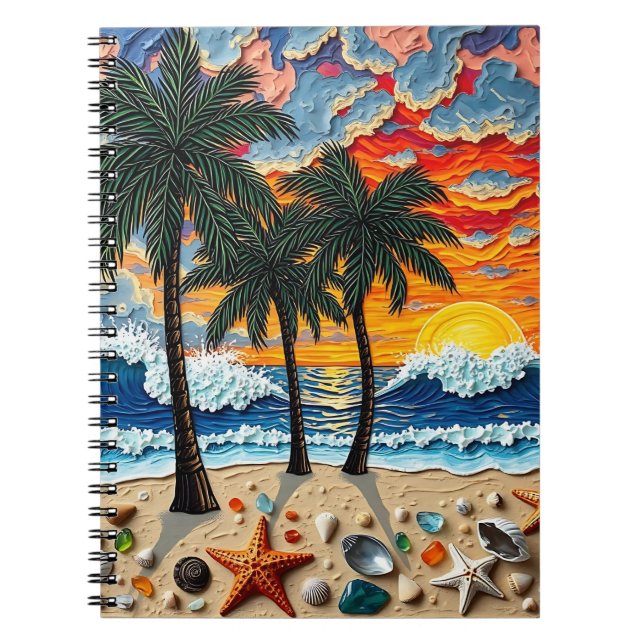 Cuaderno Escena de playa hermosa con palmeras (Frente)