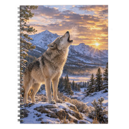 Cuaderno Escena del atardecer en la montaña con lobo gris a