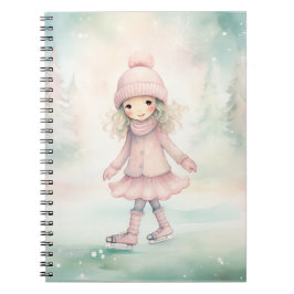 Cuaderno Escena invernal menta y rosa de niña patinando