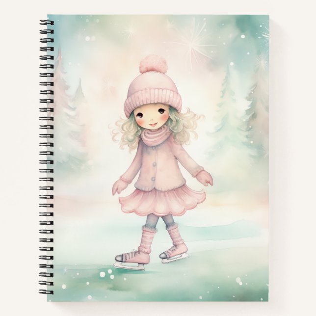Cuaderno Escena invernal menta y rosa de niña patinando  (Anverso)