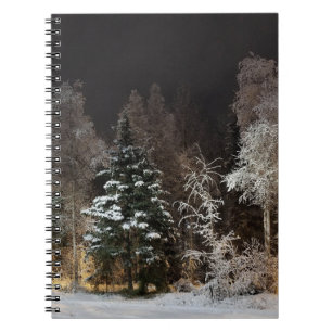 Cuaderno Escena nocturna acogedora del bosque invernal