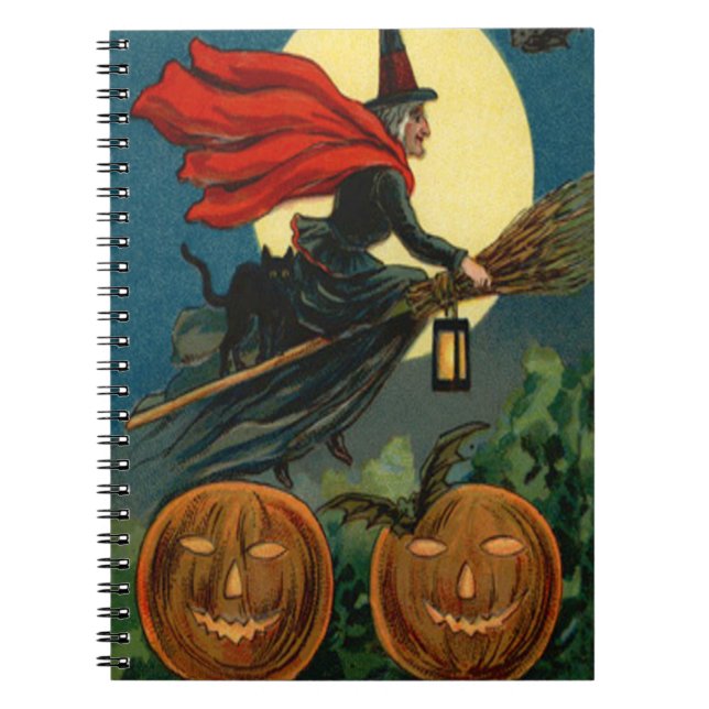Cuaderno Escoba de Bruja Volando Jack O Lantern Gato Negro  (Frente)