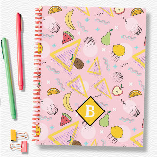Cuaderno escolar con patrón de Memphis rosa y frut