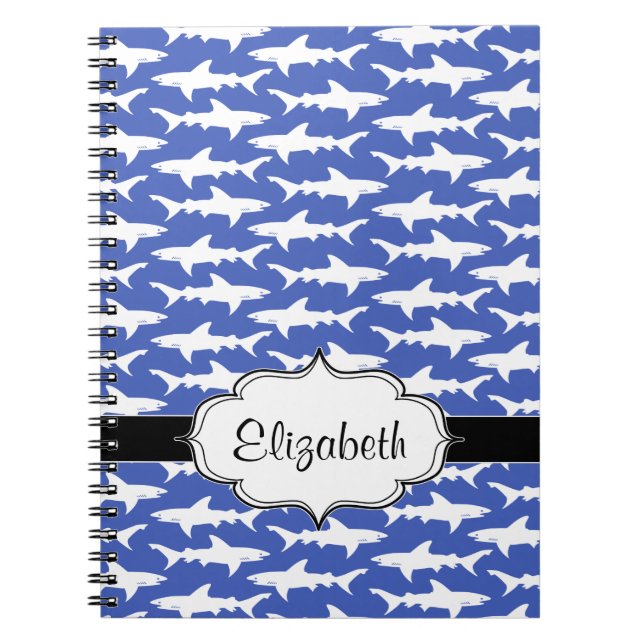 Cuaderno Escuela de los tiburones azul y blanco divertidos (Frente)