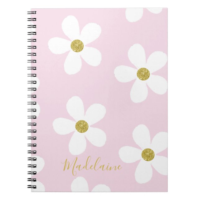Cuaderno Escuela de oro del patrón de margarita simple rosa (Frente)