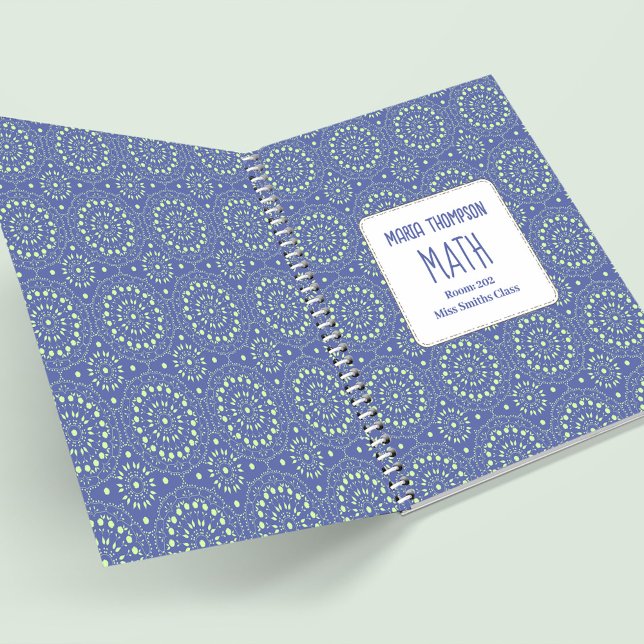 Cuaderno Escuela Moderna Azul Personalizada (Blue and green patterned school subject notebook)