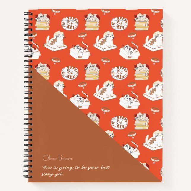Cuaderno Ese patrón de gato de vida rojo marrón con nombre (Anverso)