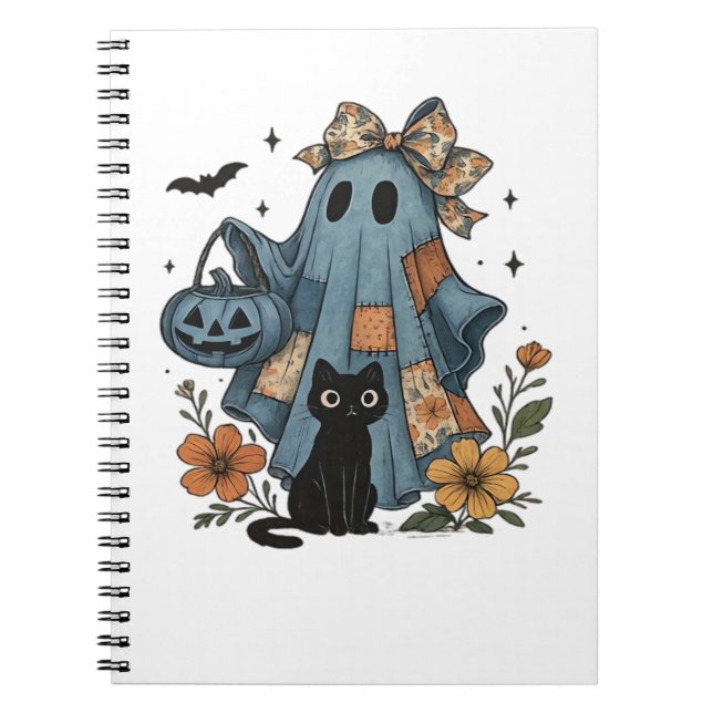 Cuaderno Esencial T-Sh de gato negro fantasma de Halloween (Frente)
