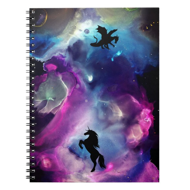 Cuaderno Espacio fantástico nebulosa unicornio dragón azul  (Frente)