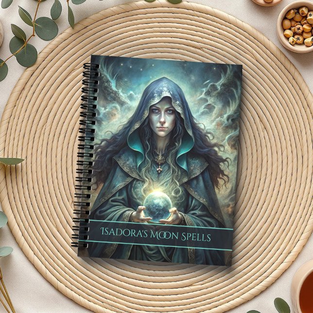 Cuaderno Espalda personalizada de bruja de la luna oscura (Dark Moon Witch Personalized Spell Notebook on a boho table with botanicals and a cup of tea.)