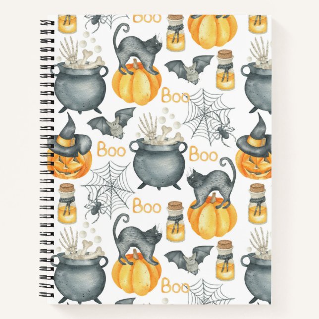 Cuaderno Espectacular auldron de Halloween y patrón de gato (Anverso)