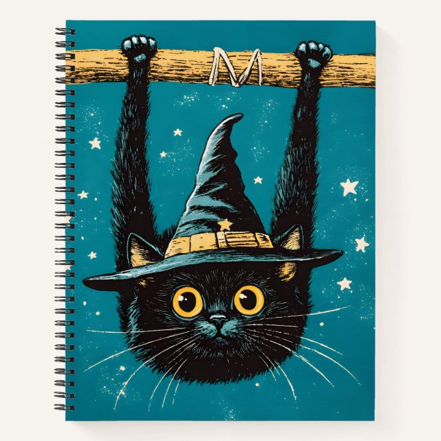 Cuaderno Espeluznante Bruja de gato negro volador (Anverso)