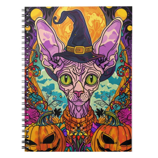 Cuaderno Espeluznante Bruja Y Calabaza De Halloween De Gato (Frente)