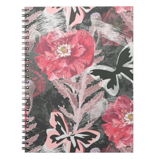 Cuaderno Espías rojas. Colorida impresión floral. (Frente)