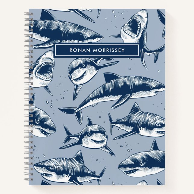 Cuaderno Espinoso nombre de patrón de tiburón niños azules (Anverso)