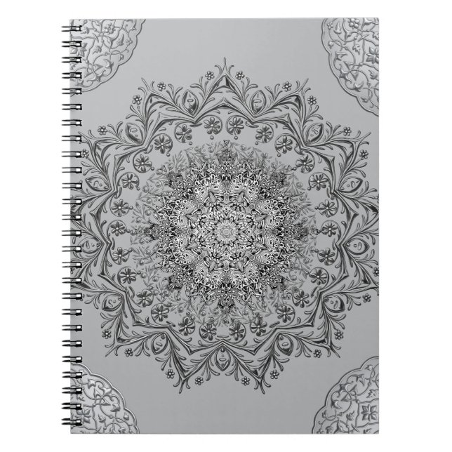 Cuaderno espiral boho de mandala gris elegante (Frente)