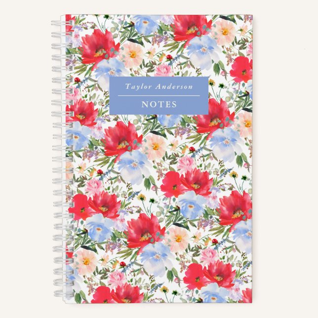 Cuaderno espiral de acuarela flores rojas y azules (Anverso)