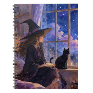 Cuaderno espiral de bruja linda mirando estrellas