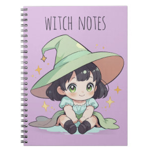 Cuaderno Espiral de Chica de brujas de Kawaii verde lindo