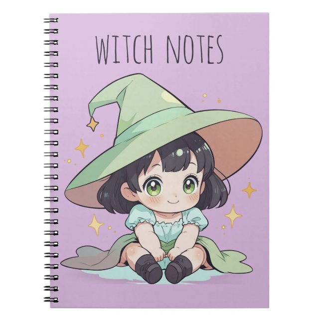 Cuaderno Espiral de Chica de brujas de Kawaii verde lindo (Frente)