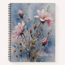 Cuaderno Espiral de color de agua de rosas rosadas Pastel p